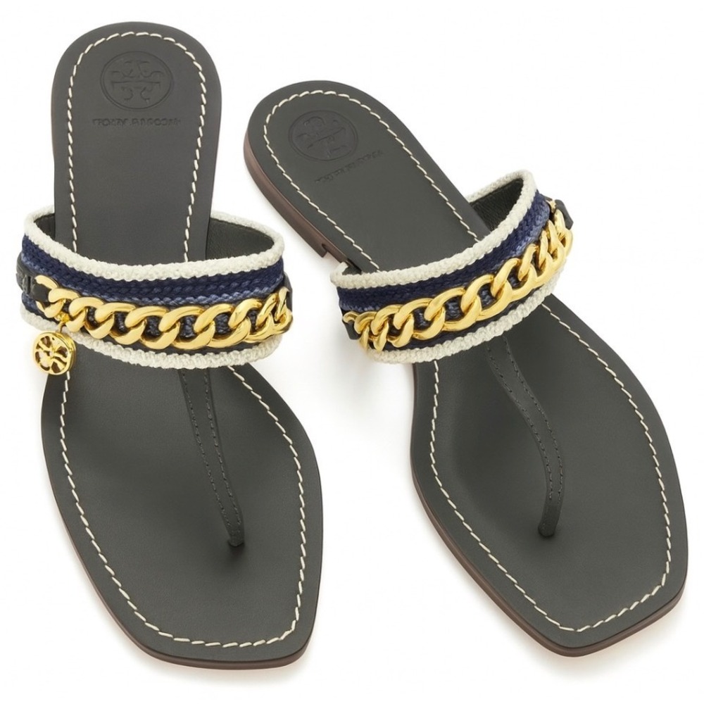 New! Tory Burch Mini Benton Chain Thong Sandals‎ in Poblano, Size 6 $278 - Picture 2 of 7